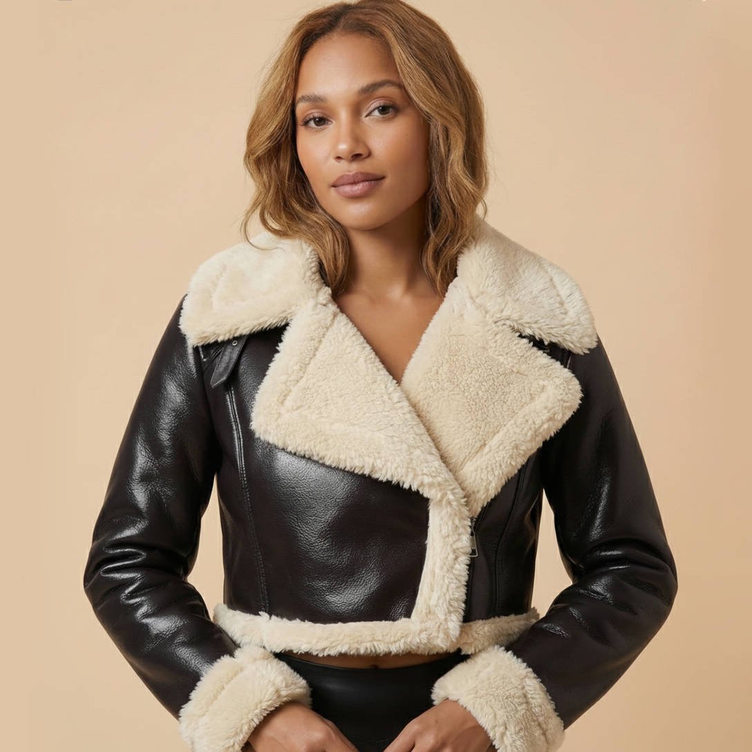 Women's Cropped Faux Leather Moto Jacket - Black