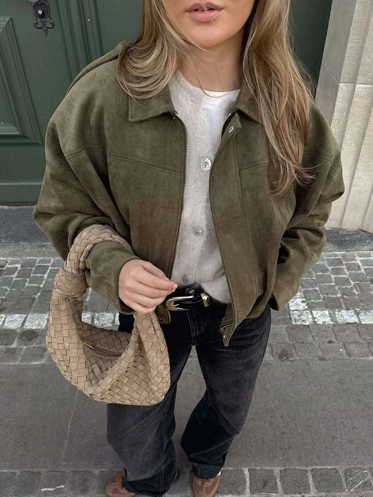 Women's Cropped Suede Bomber Jacket