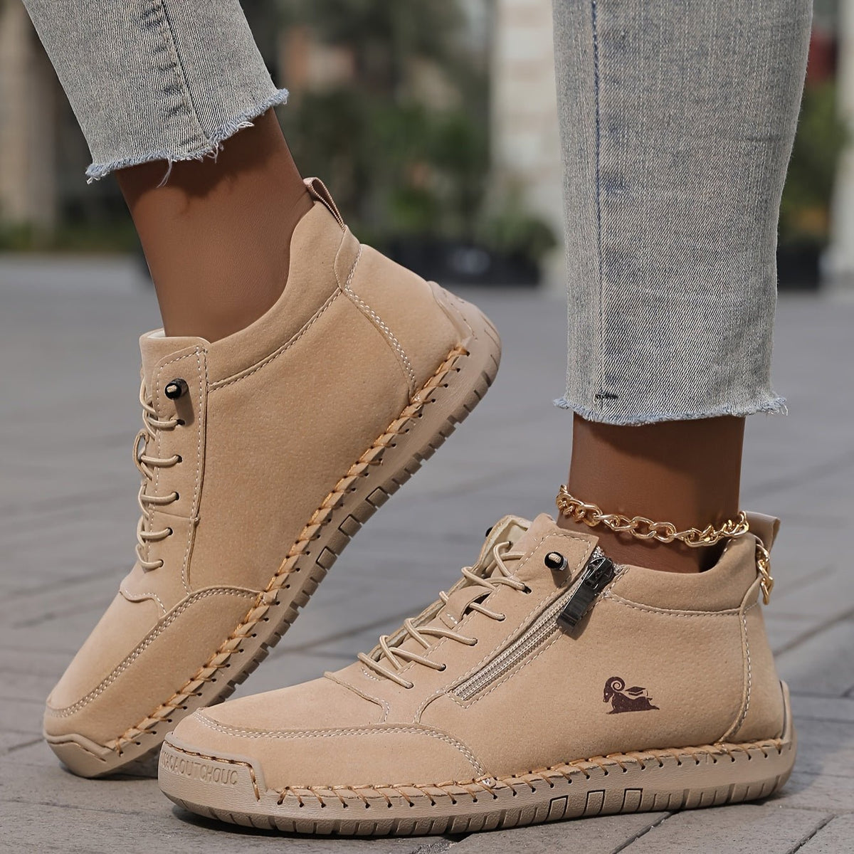 Women's Faux Leather Sneakers - Khaki