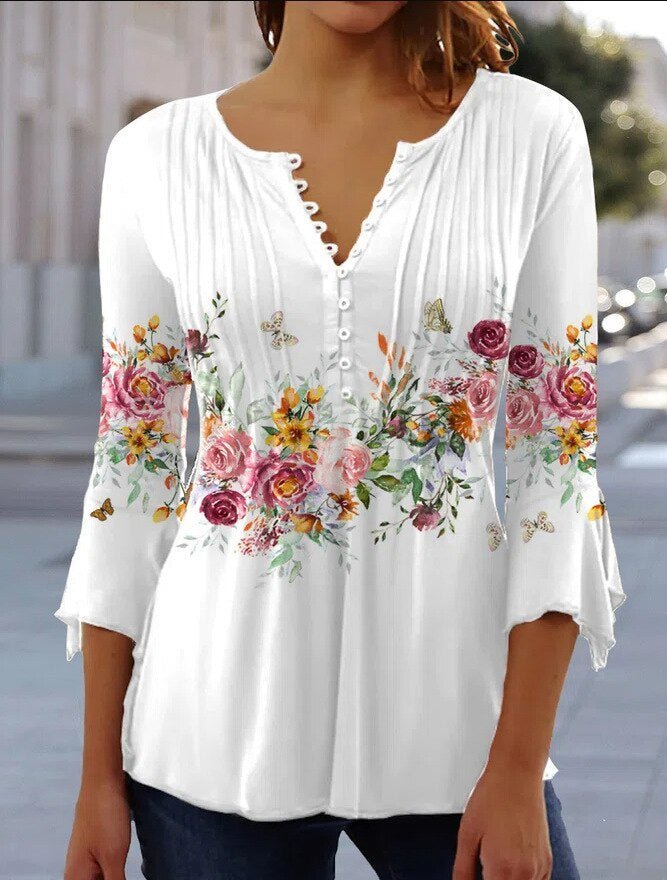 Women's Floral Knit Henley Blouse - White