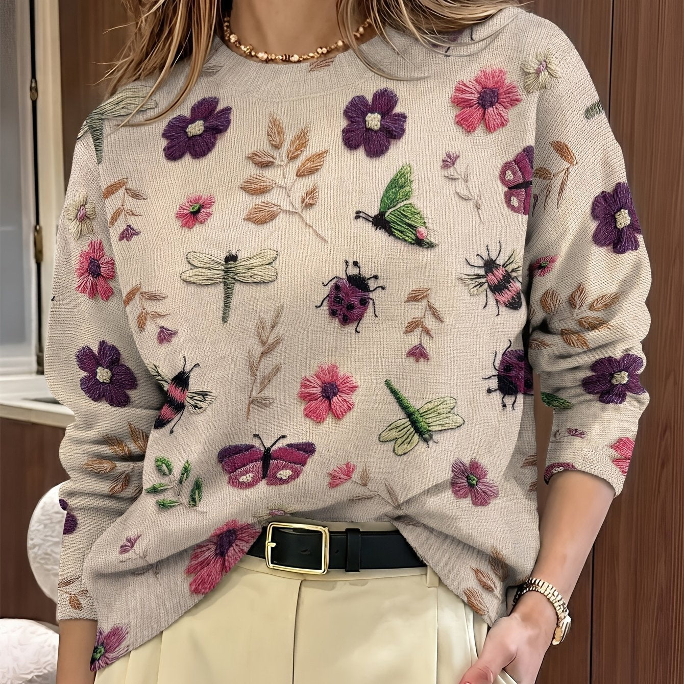 Women's Floral Pullover Sweater - Purple