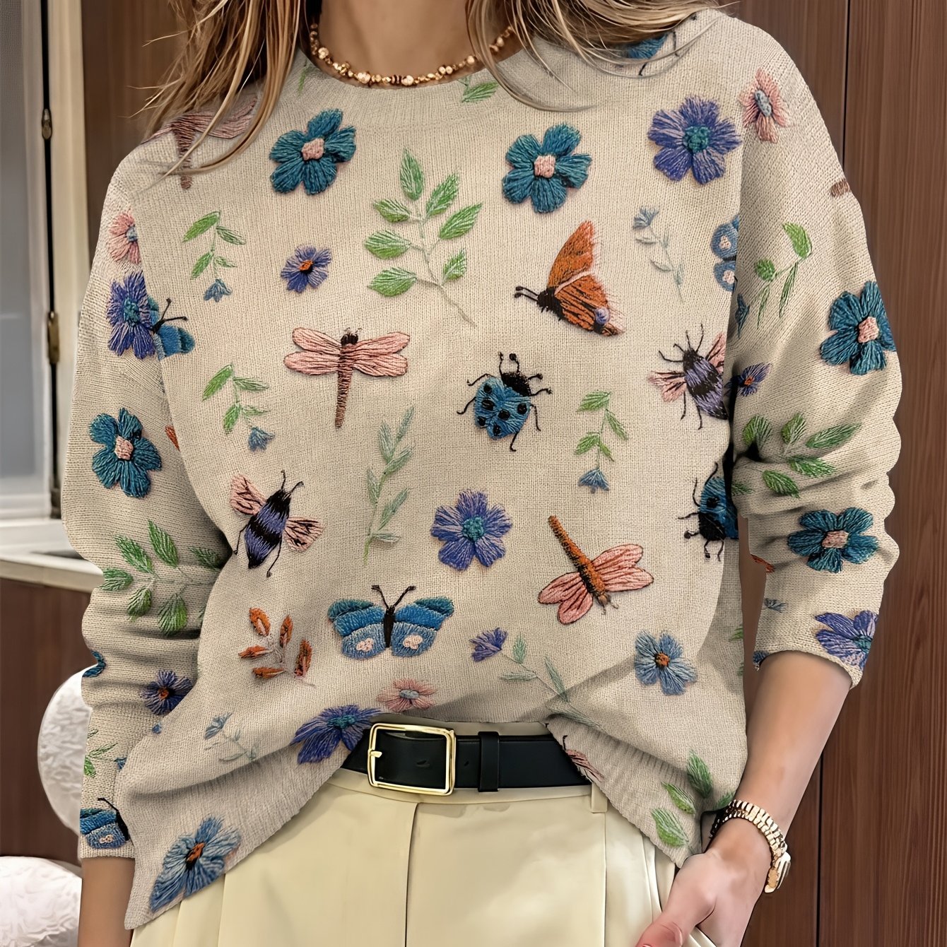 Women's Floral Pullover Sweater - Blue