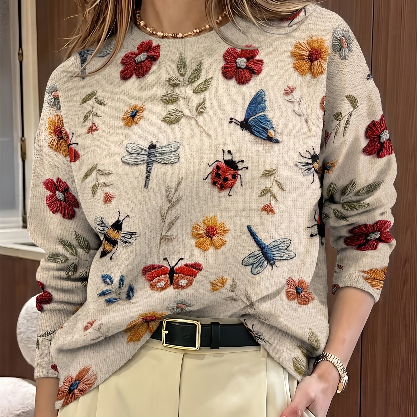 Women's Floral Pullover Sweater - Apricot