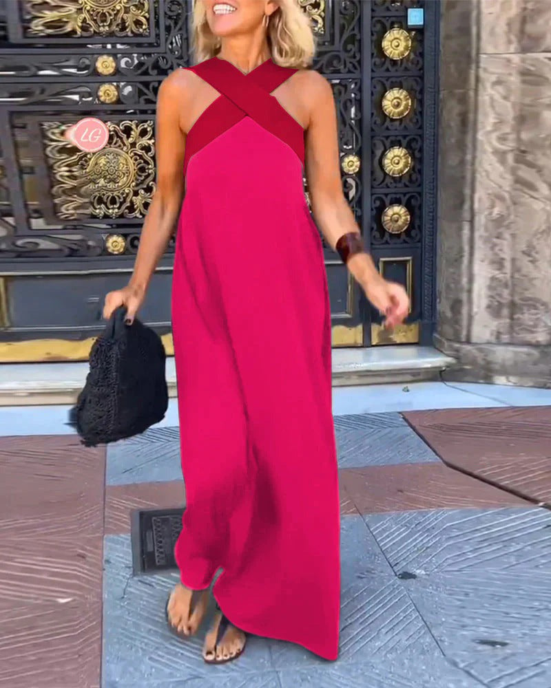 Vacation Halter Maxi Dress - Rose Red