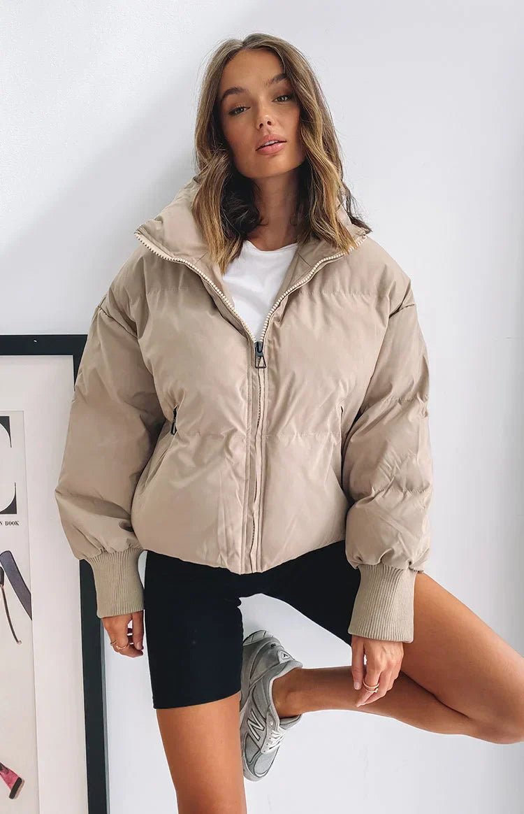 Women's Nylon Cropped Puffer Jacket - Khaki