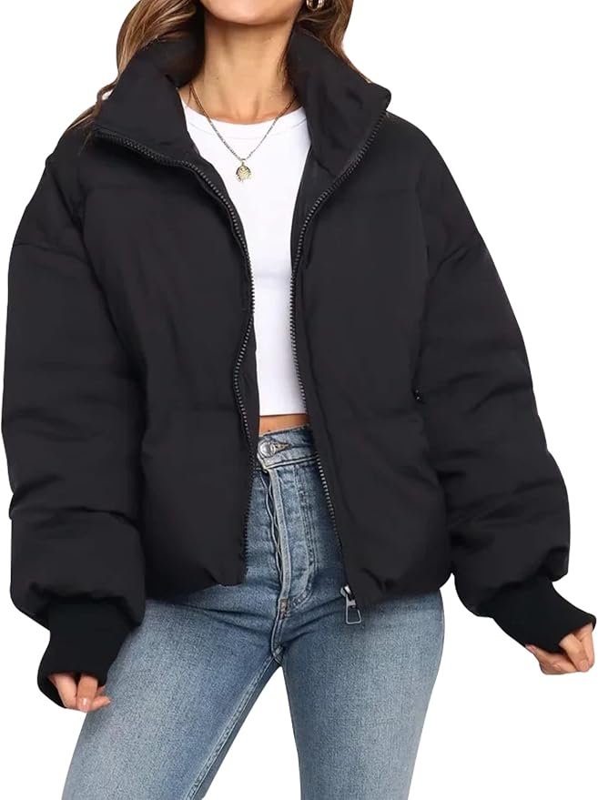 Women's Nylon Cropped Puffer Jacket - Black