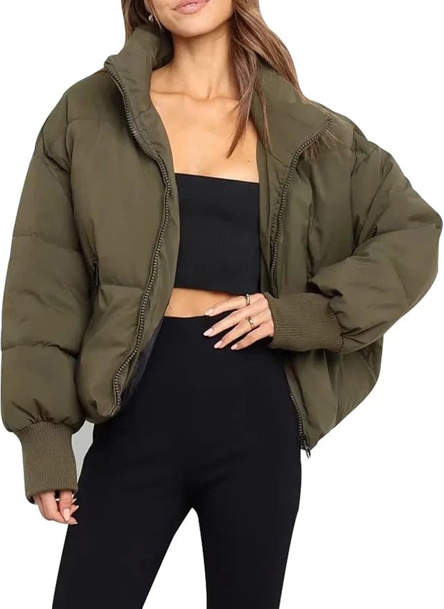 Women's Nylon Cropped Puffer Jacket - Green