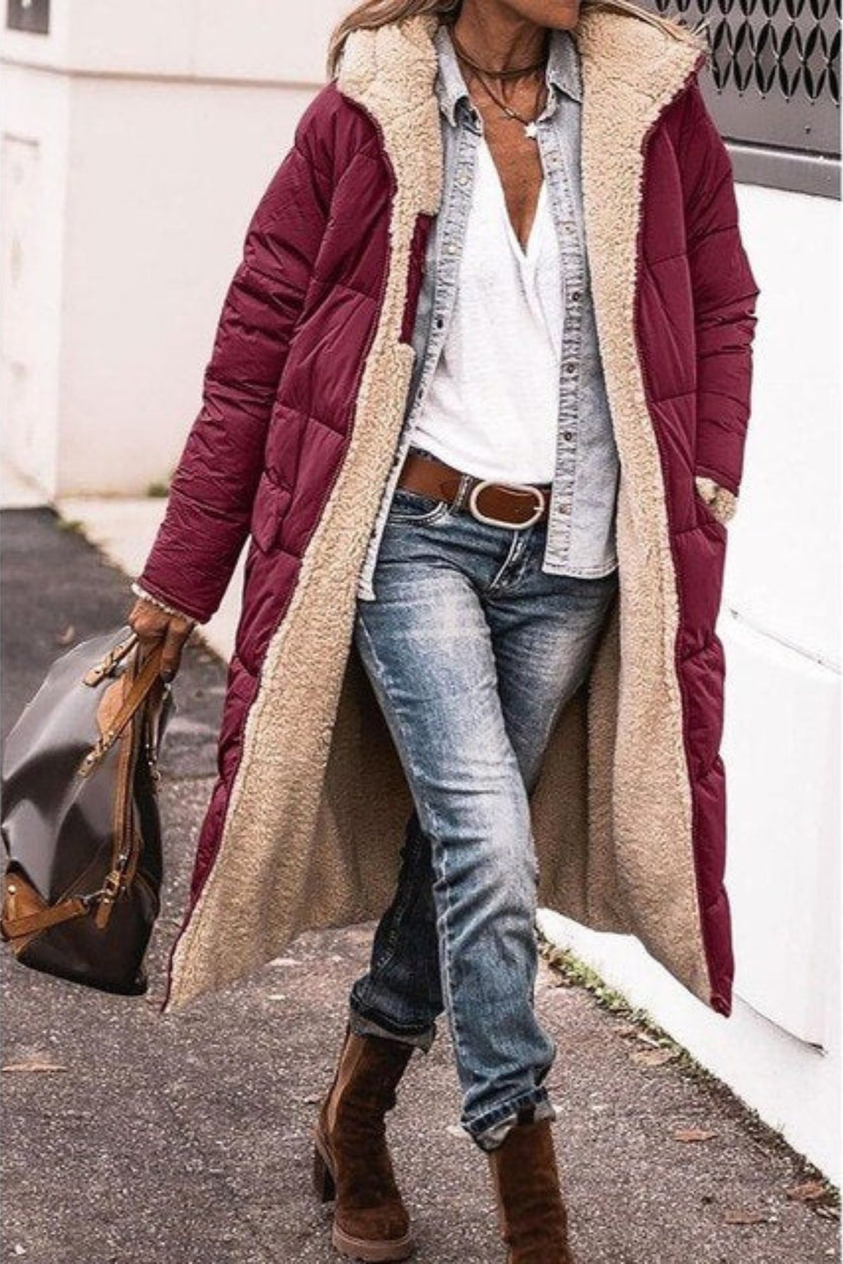 Women's Oversized Puffer Coat - Wine Red