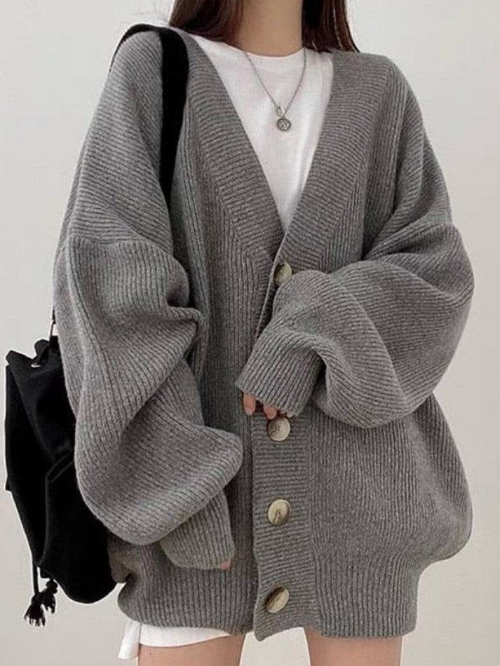 Women's Oversized Ribbed Knit Cardigan - Gray
