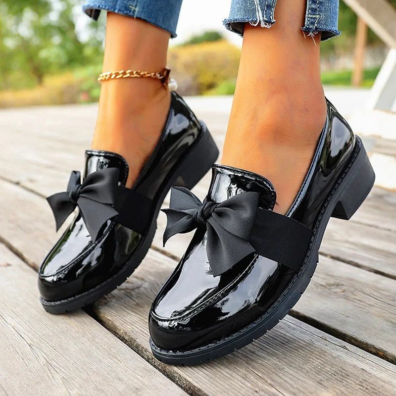 Women's Patent Leather Bow Loafers - Black