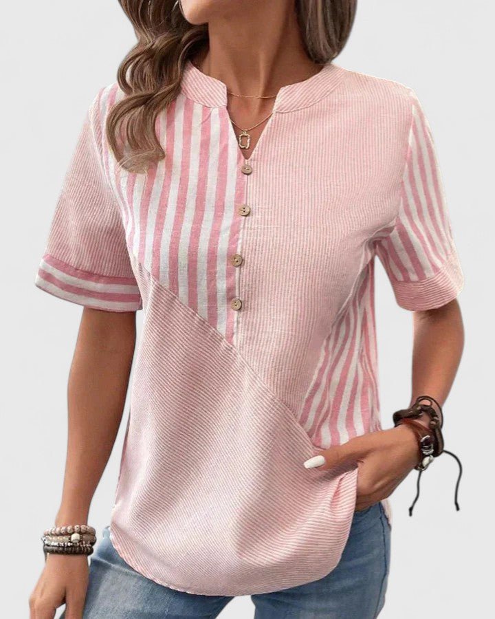 Women's Striped V-Neck Blouse - Pink