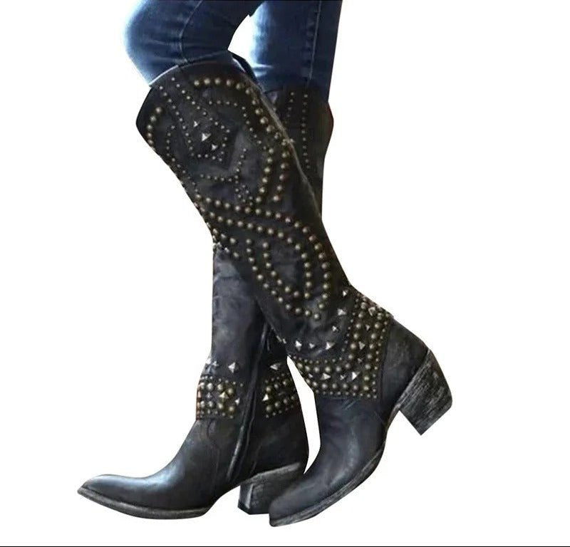 Women's Studded Knee-High Cowboy Boots - Black