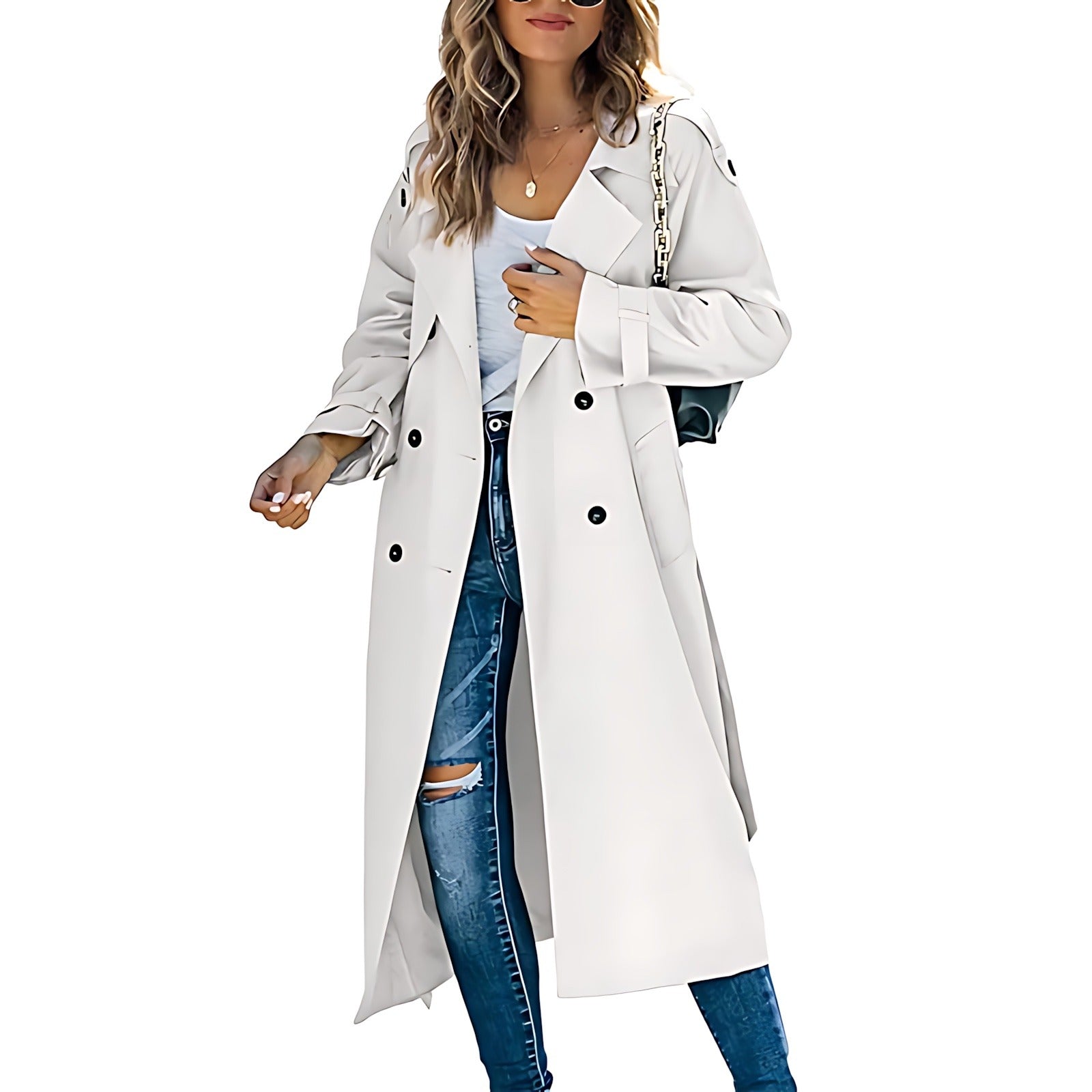 Belted Long Trench Coat - White