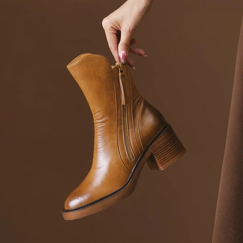 Block Heel Ankle Boots - Brown