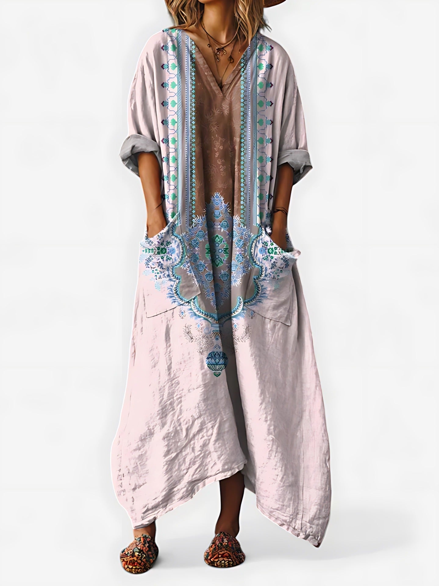 Boho Kaftan Maxi Dress - Light Pink