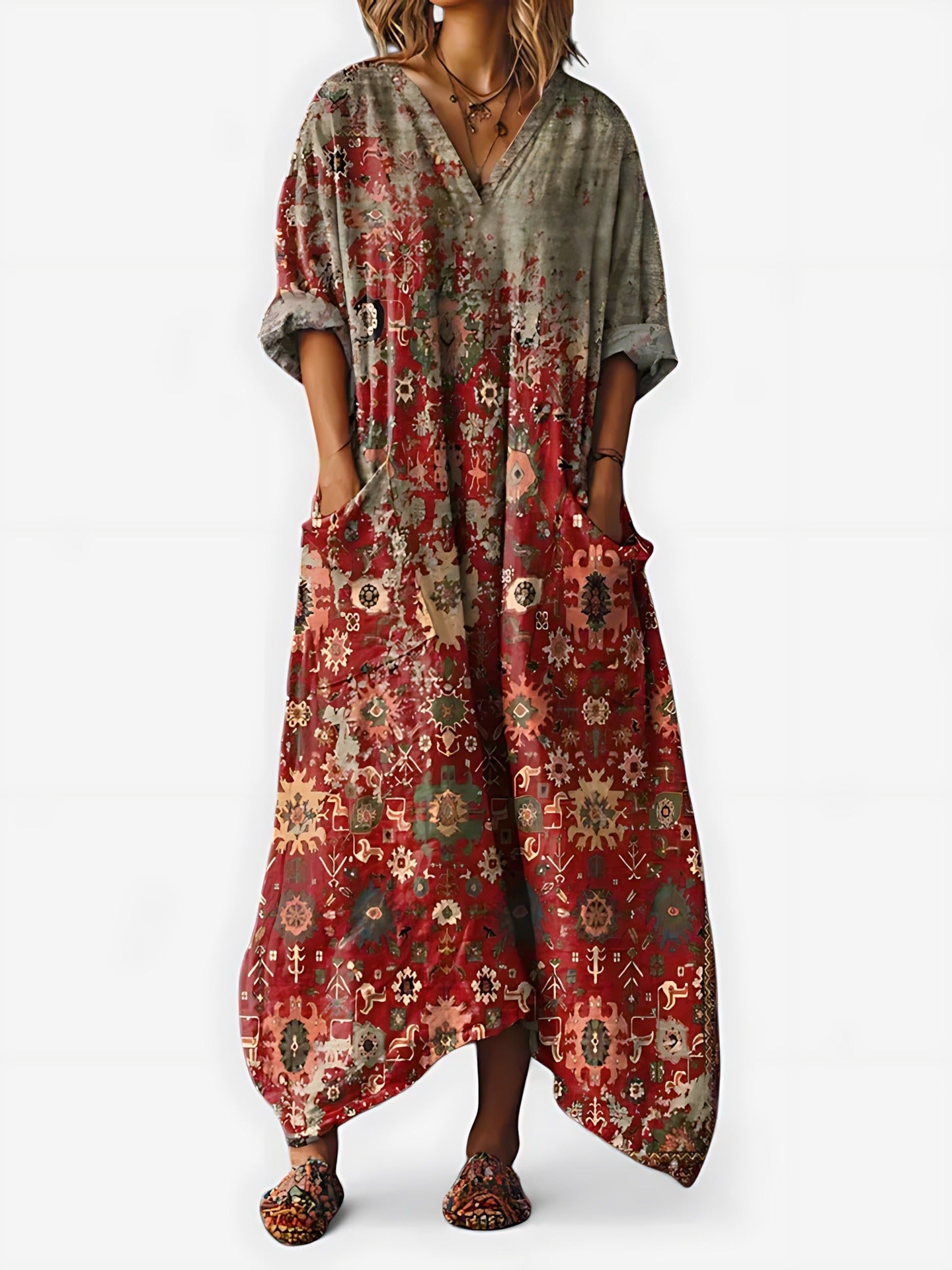 Boho Kaftan Maxi Dress - Red