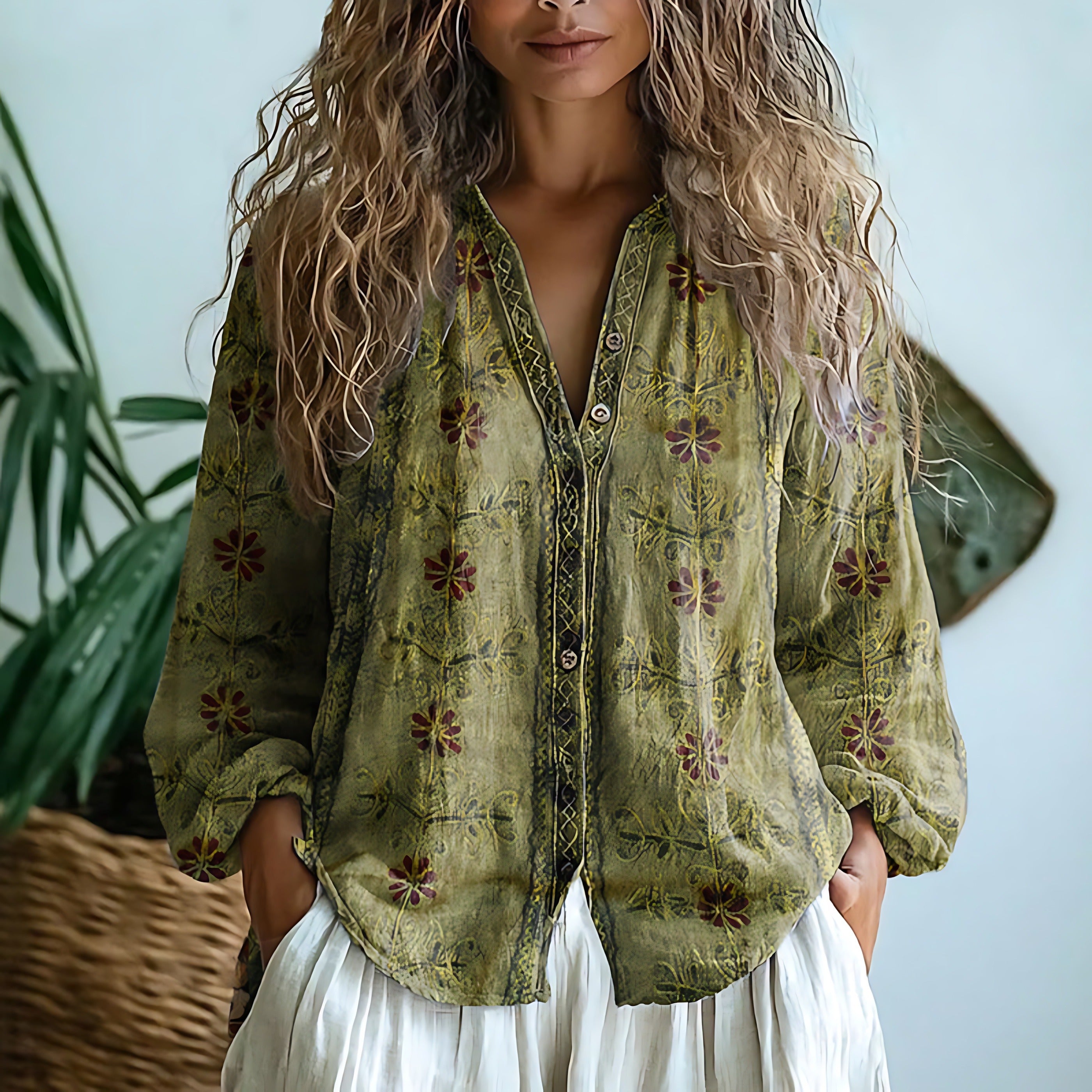 Boho Printed Long Sleeve Blouse - Light Olive Green