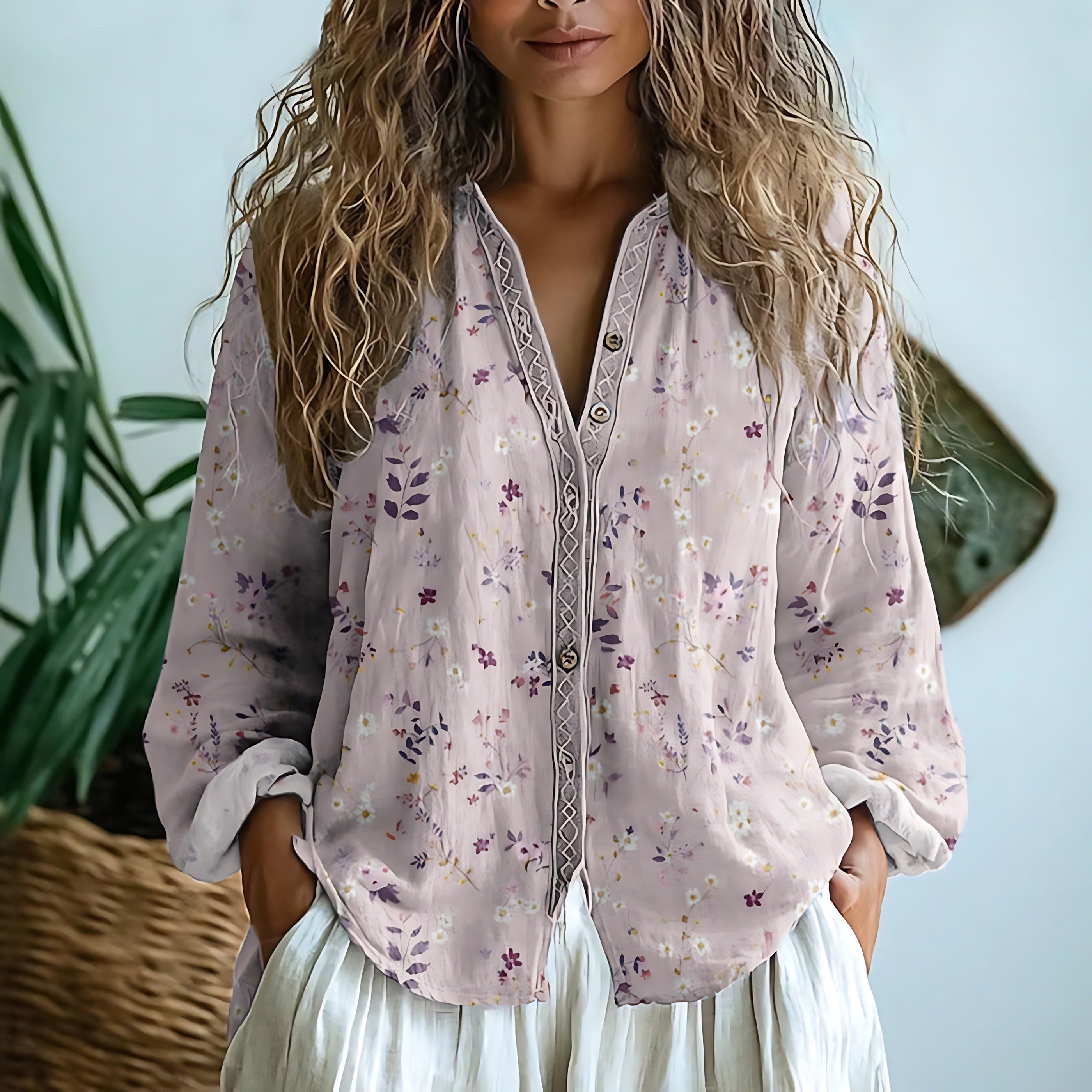 Boho Printed Long Sleeve Blouse - Light Pink