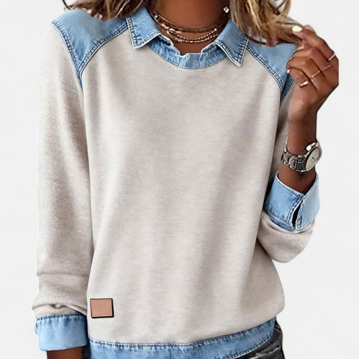 Women's Denim-Collar Sweatshirt - Beige