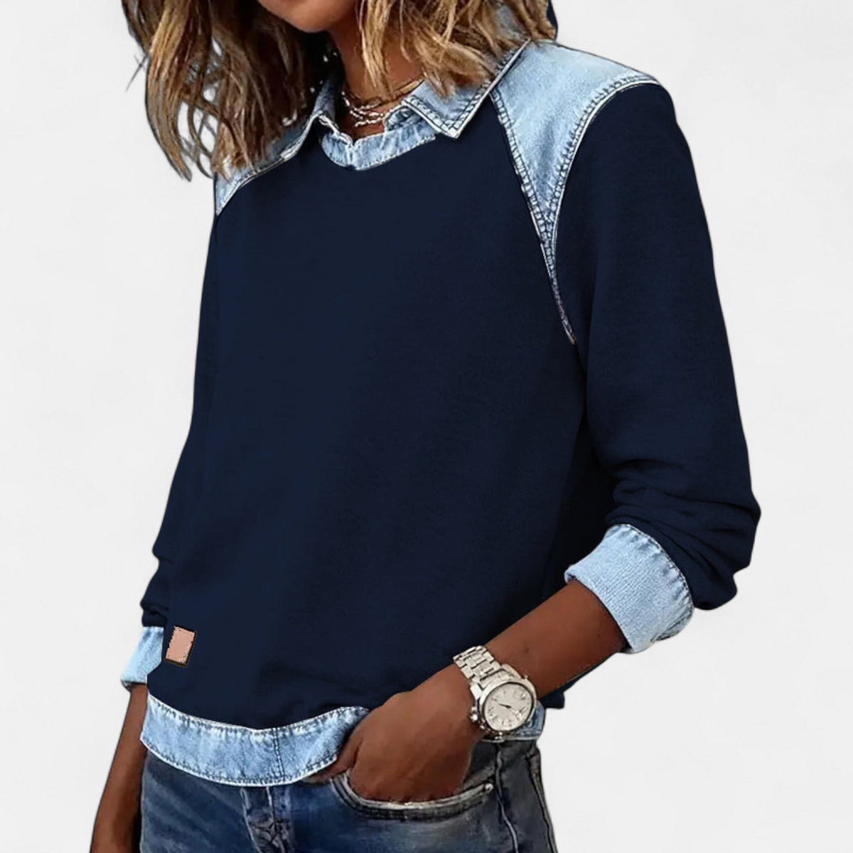 Women's Denim-Collar Sweatshirt