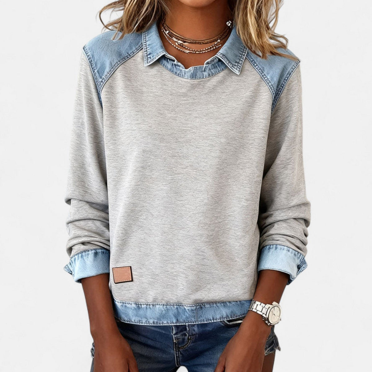 Women's Denim-Collar Sweatshirt