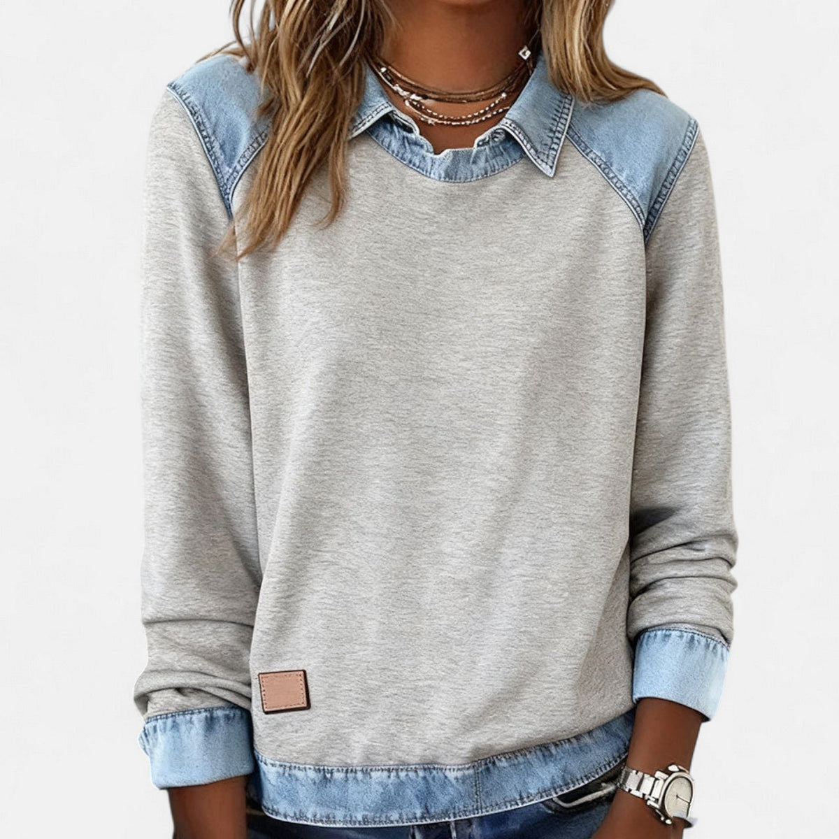 Women's Denim-Collar Sweatshirt