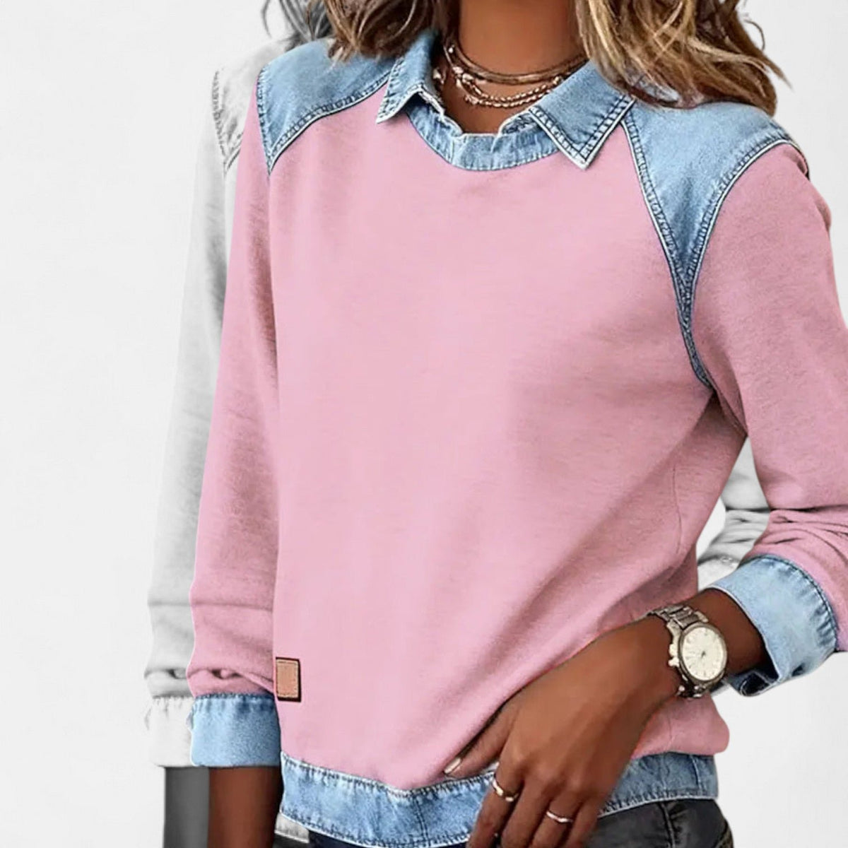 Women's Denim-Collar Sweatshirt