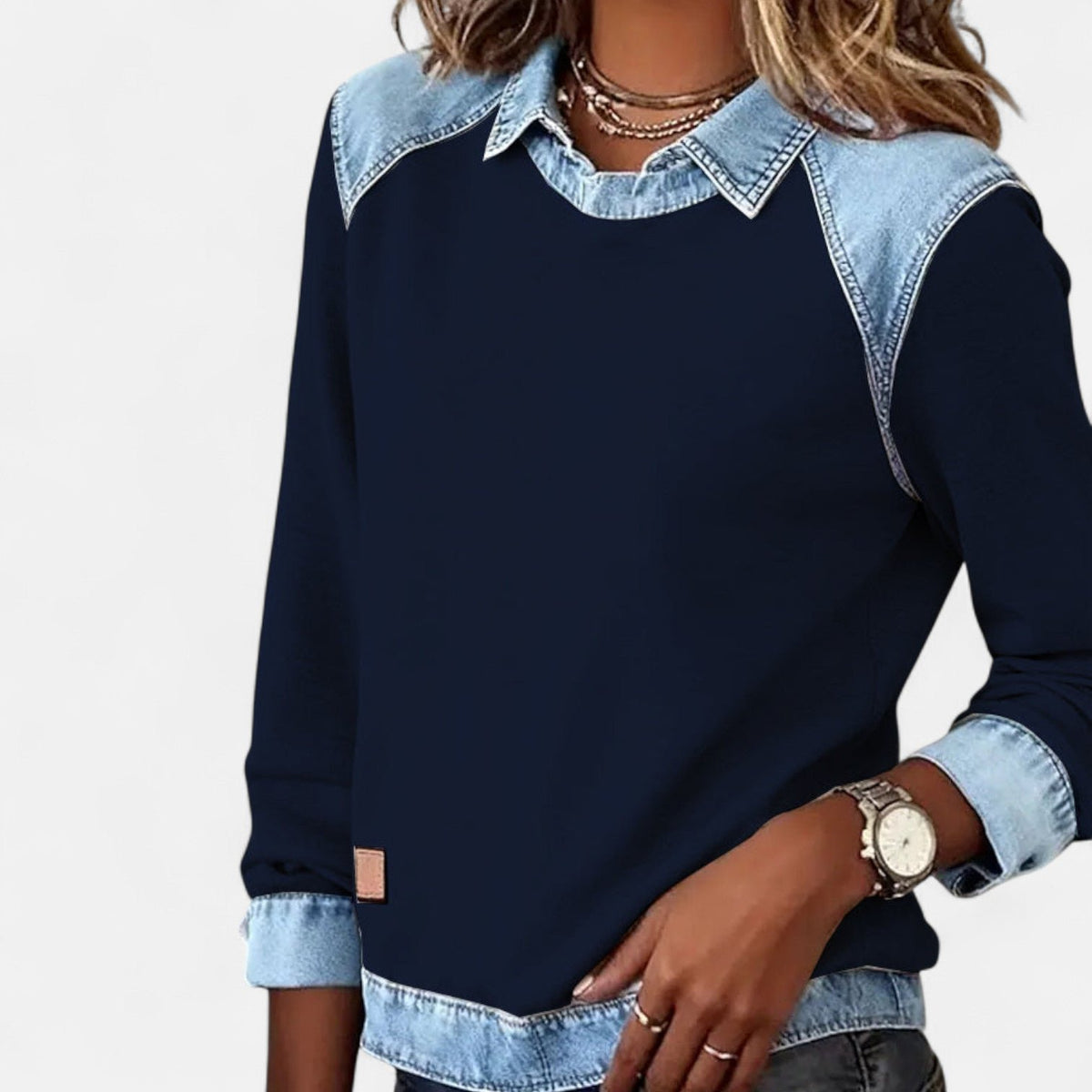 Women's Denim-Collar Sweatshirt - Navy Blue