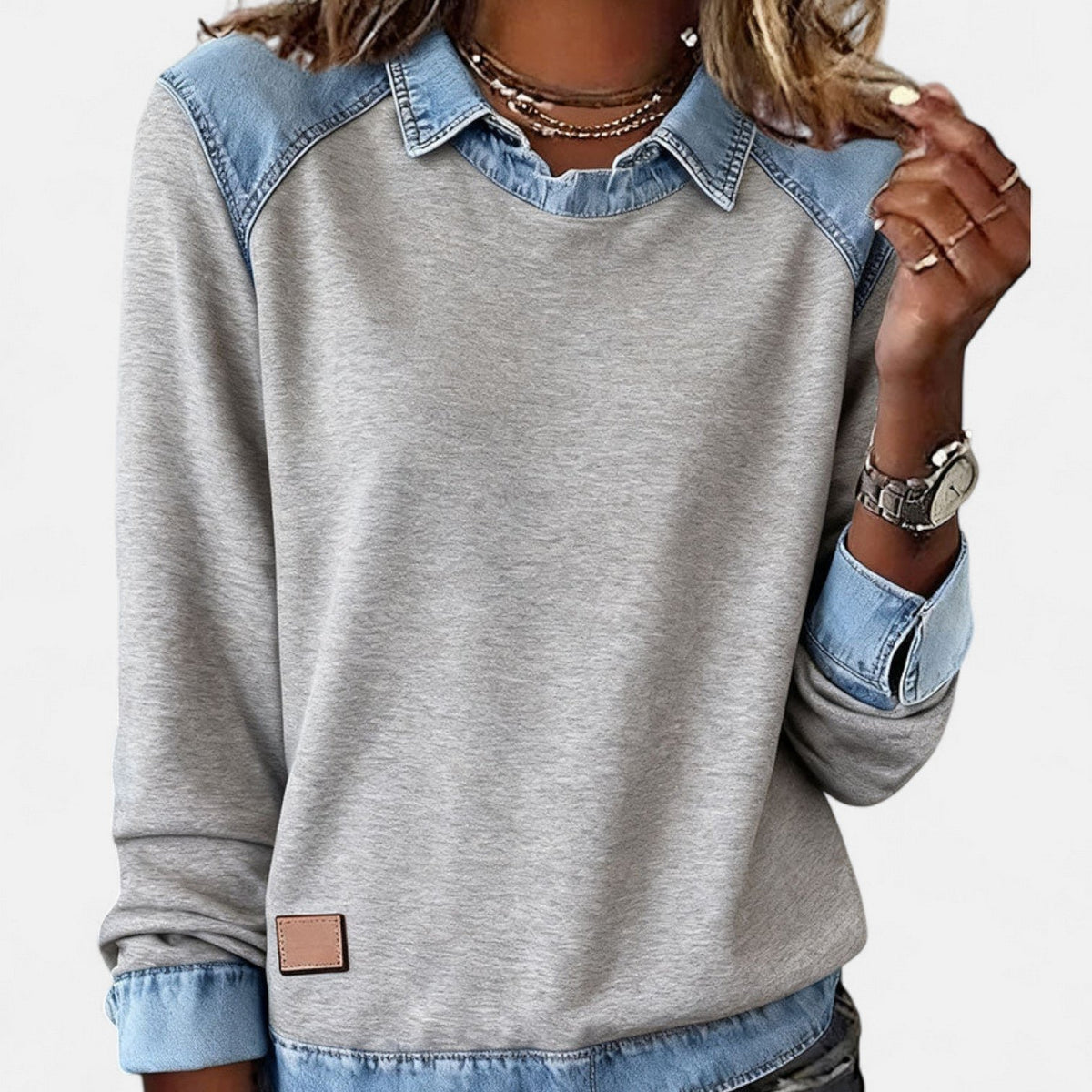 Women's Denim-Collar Sweatshirt - Gray