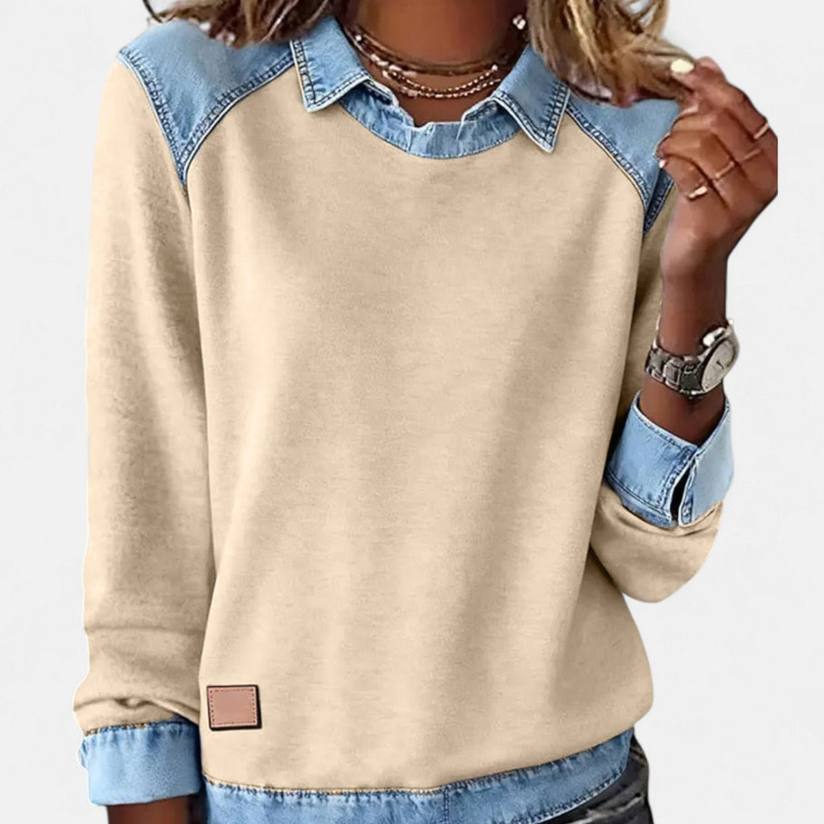 Women's Denim-Collar Sweatshirt - Khaki