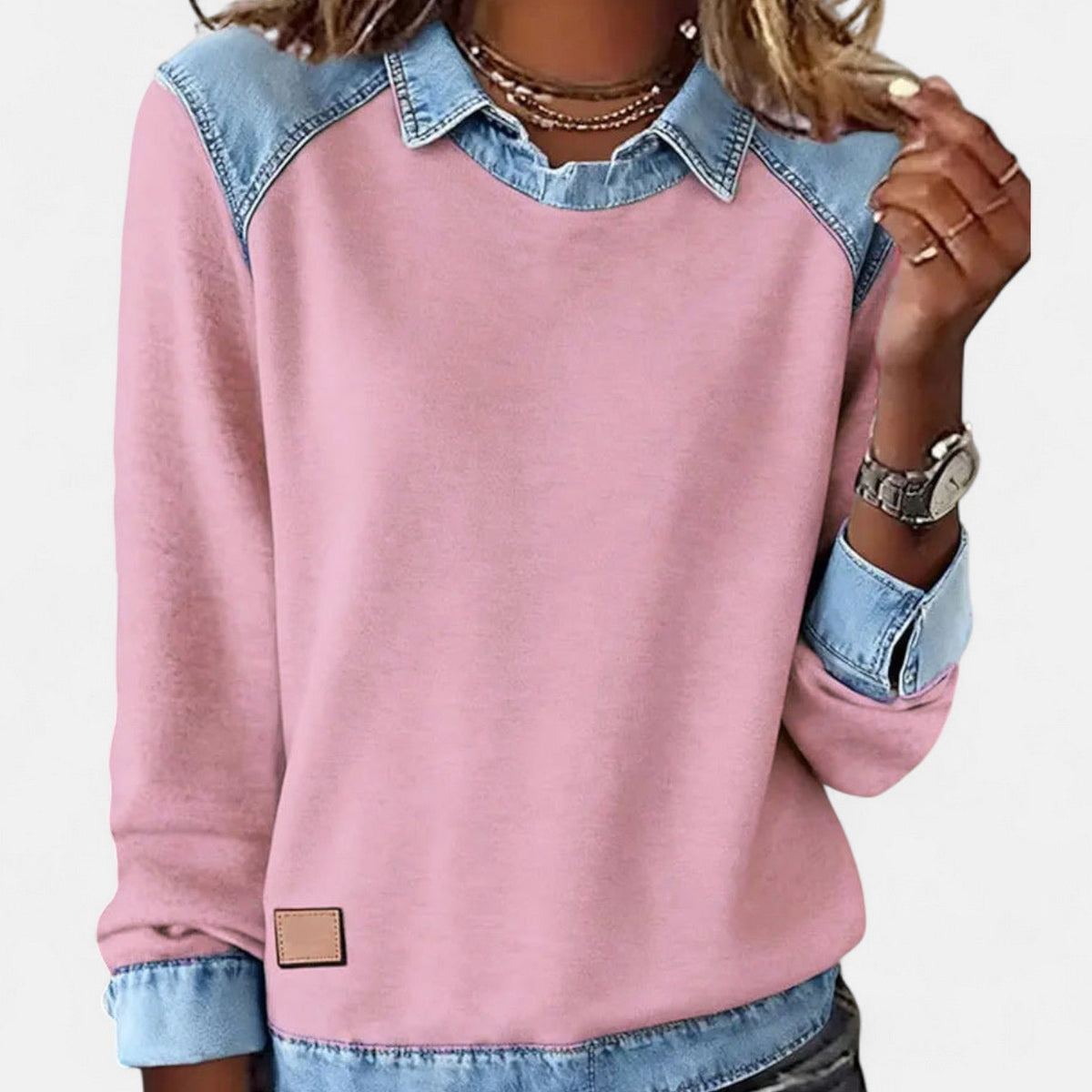 Women's Denim-Collar Sweatshirt - Pink