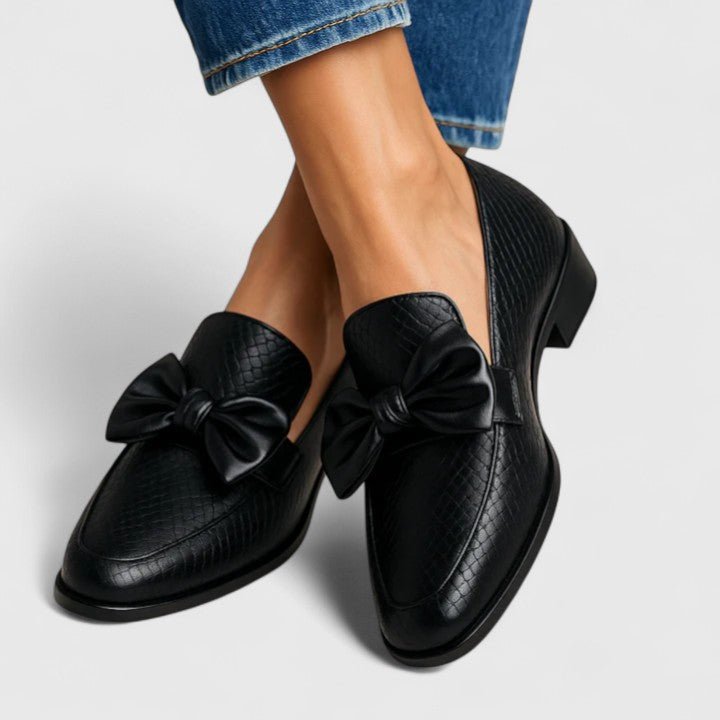Women's Faux Leather Snakeskin Bow Loafers - Black