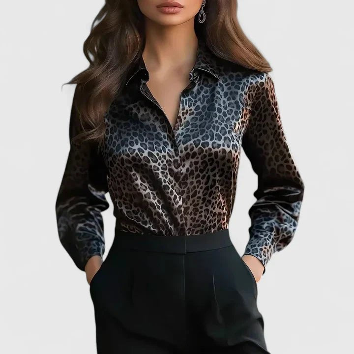 Women's Leopard Satin Blouse - Black