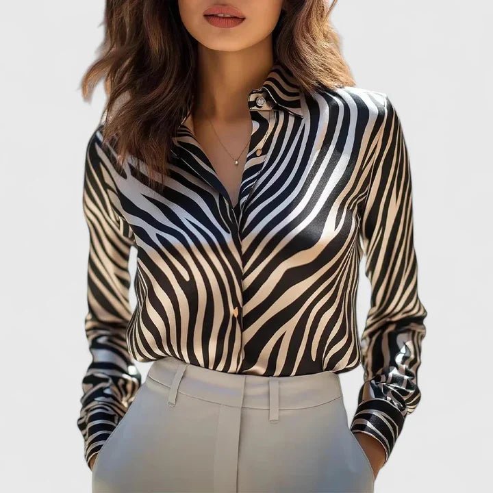 Women's Leopard Satin Blouse - Black White