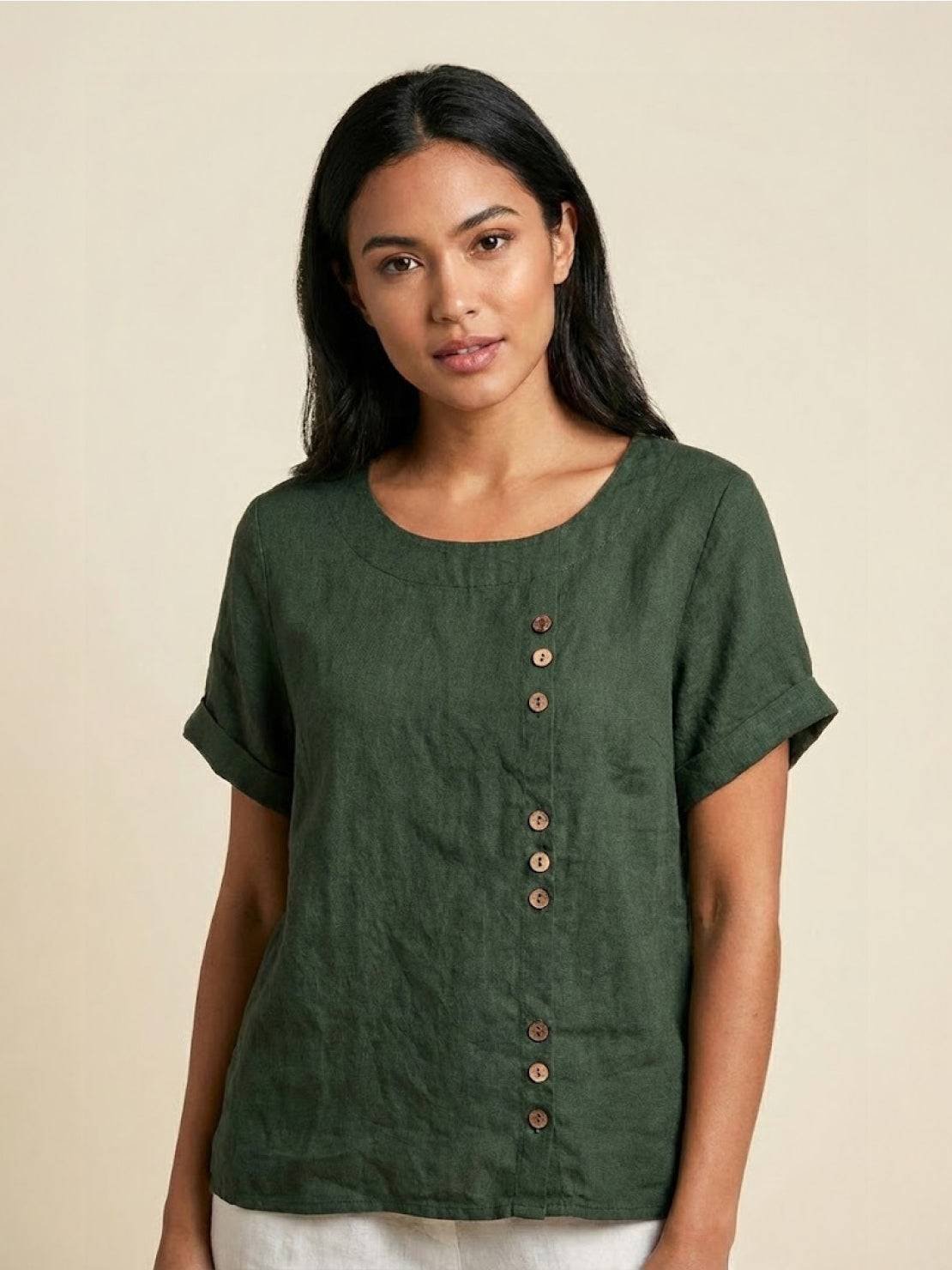 Women's Linen Button-Front Blouse - Army Green