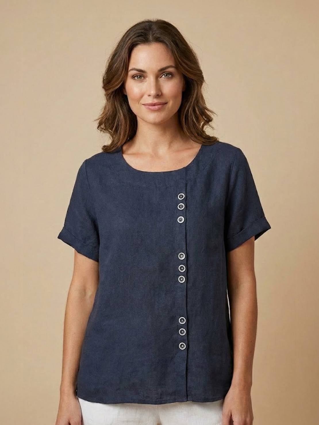 Women's Linen Button-Front Blouse - Navy Blue