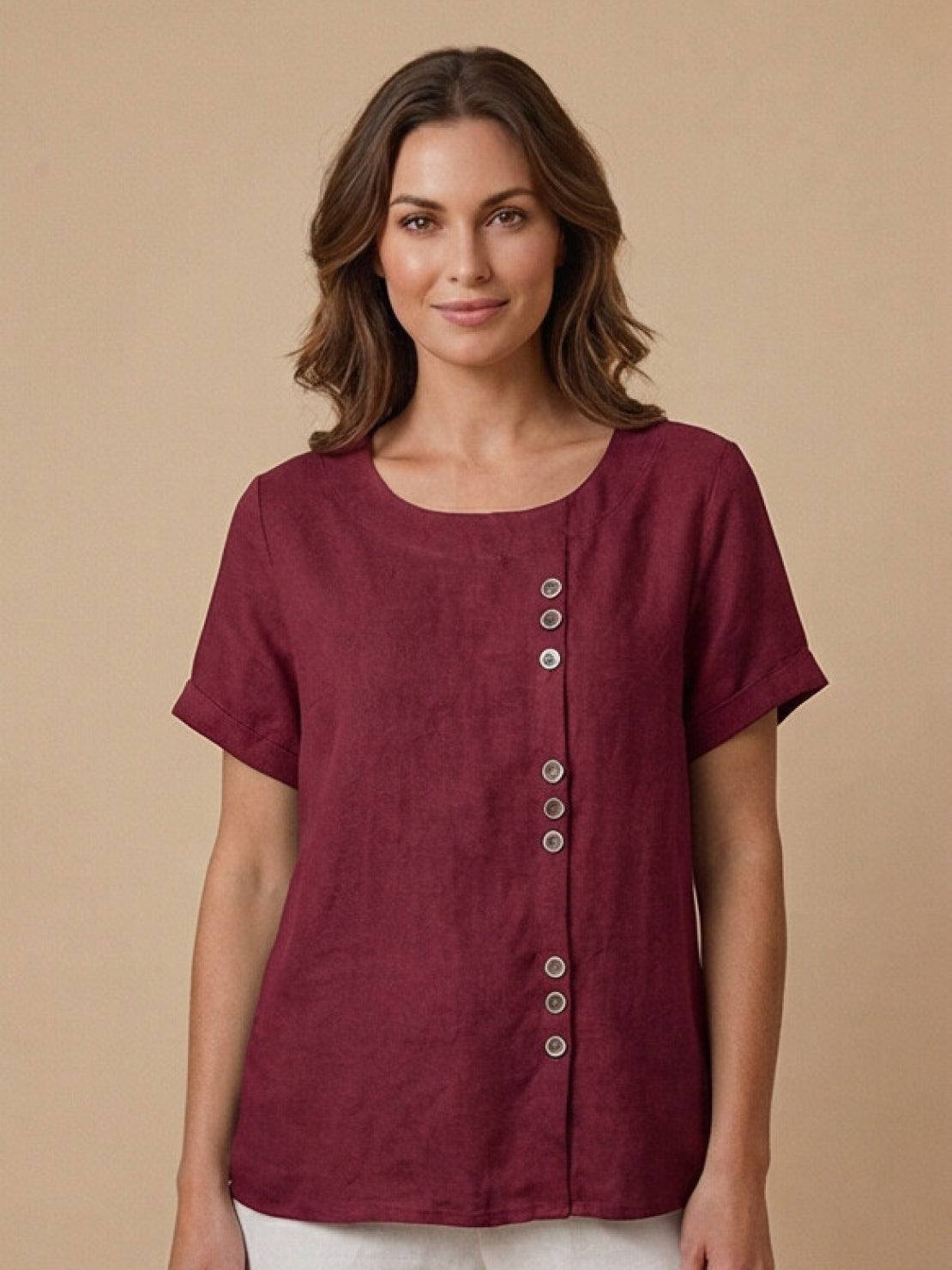 Women's Linen Button-Front Blouse - Burgundy