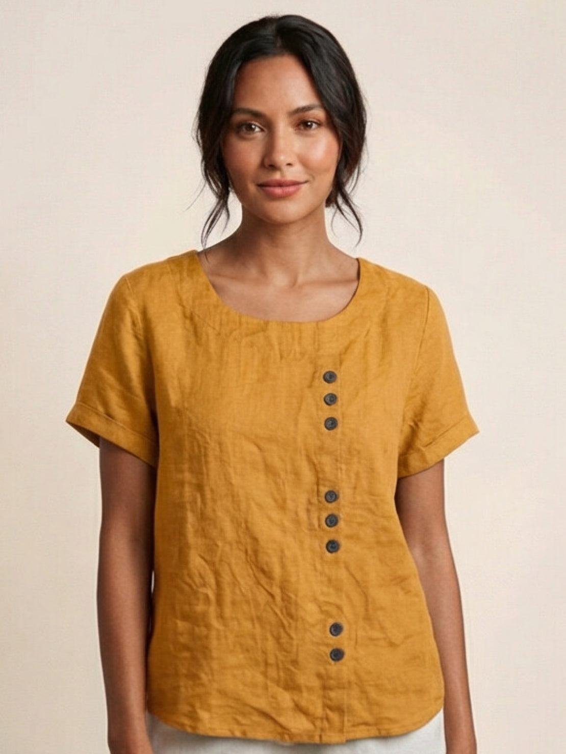 Women's Linen Button-Front Blouse - Mustard