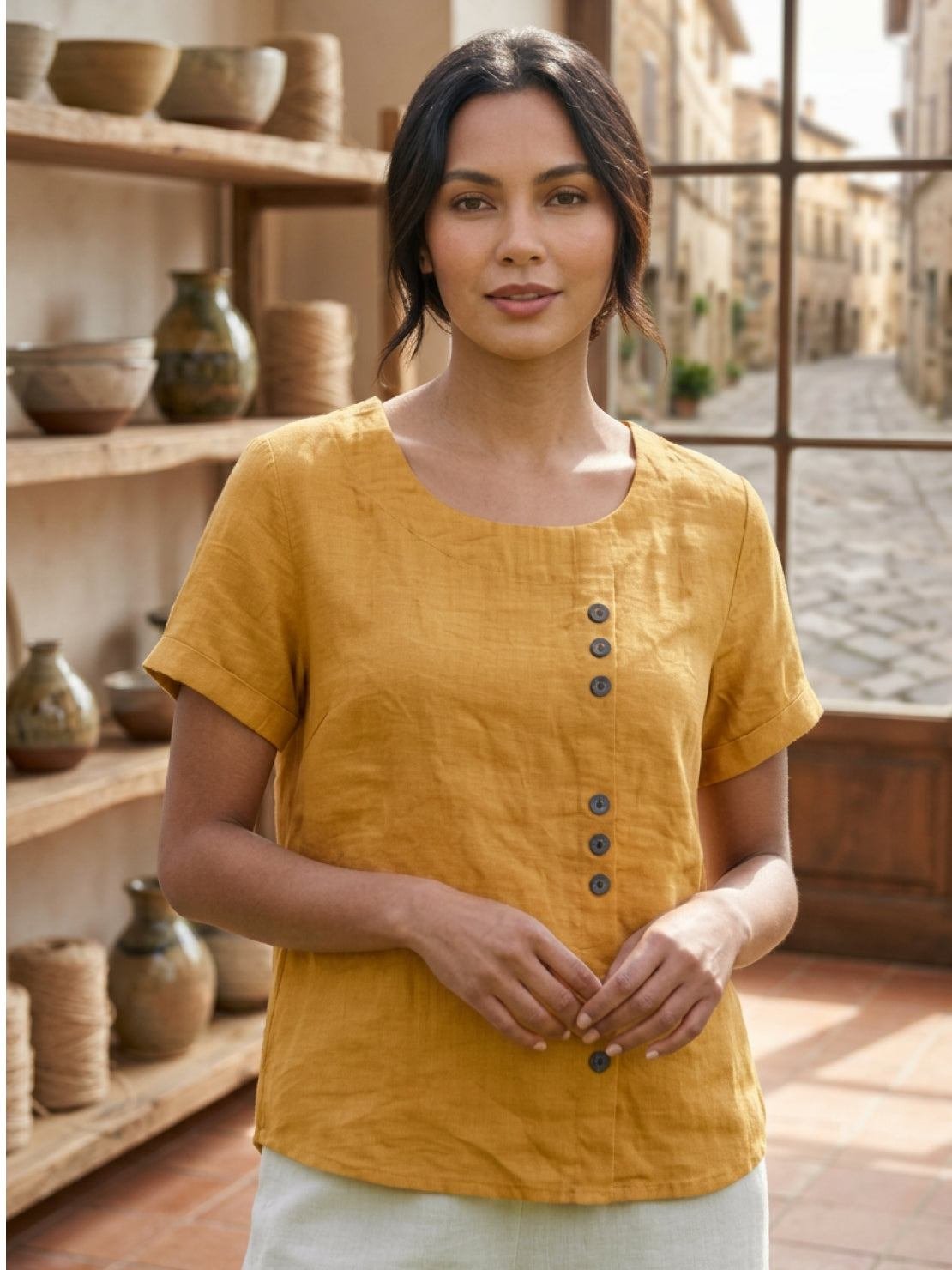 Women's Linen Button-Front Blouse