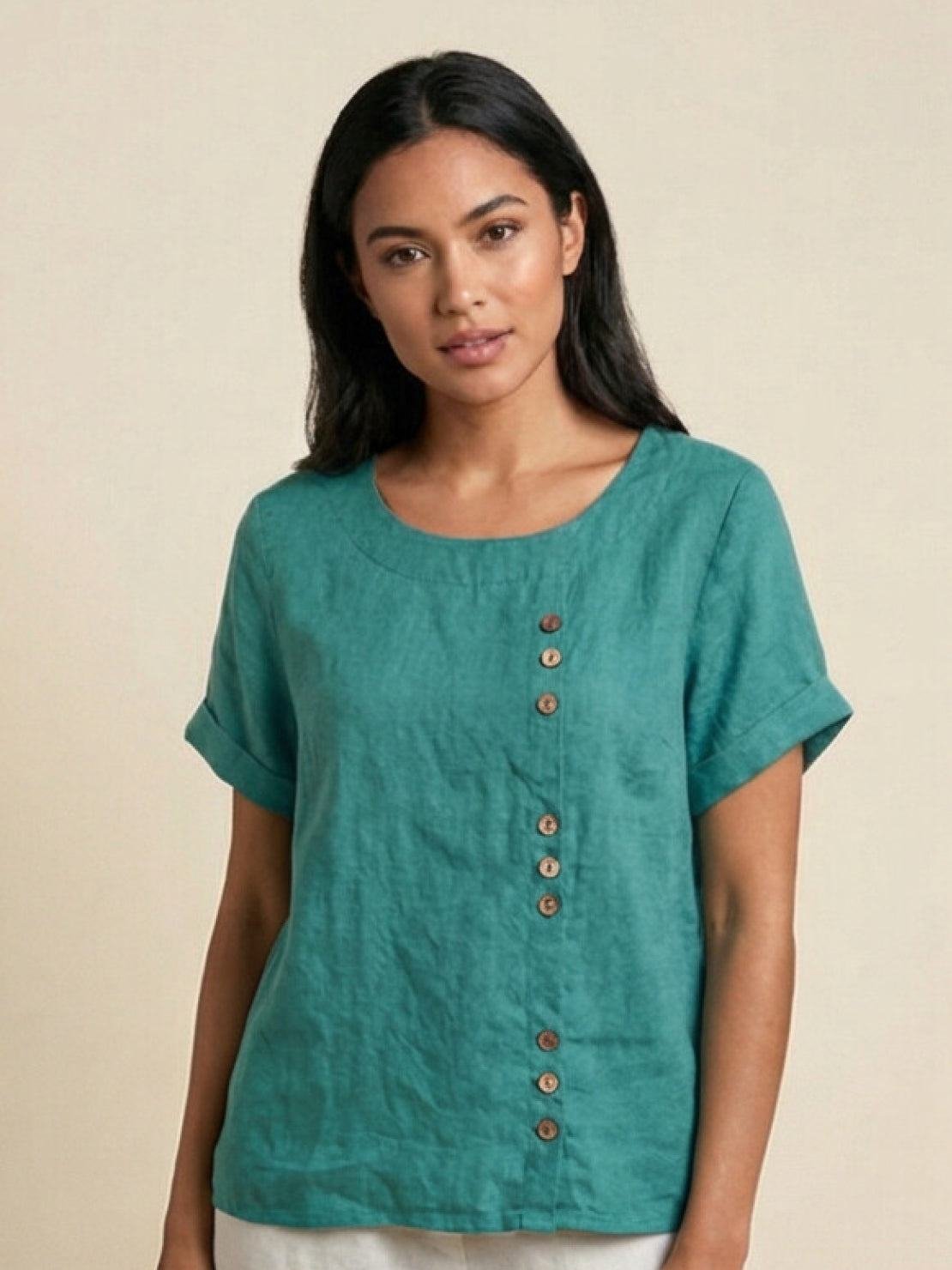 Women's Linen Button-Front Blouse - Teal