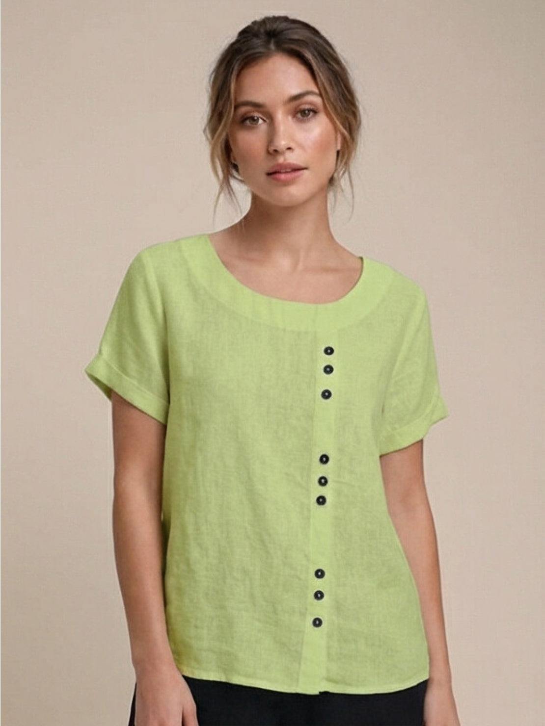 Women's Linen Button-Front Blouse - Lime Green