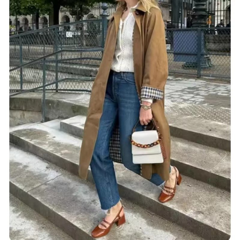 Women's Oversized Suede Trench Coat - Brown