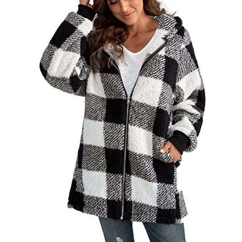 Women's Plaid Oversized Fleece Jacket - Black