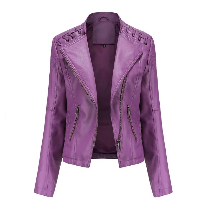 Women's Cropped Faux Leather Moto Jacket - Violet