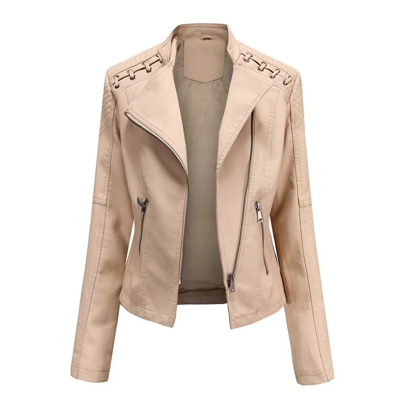 Women's Cropped Faux Leather Moto Jacket - Khaki