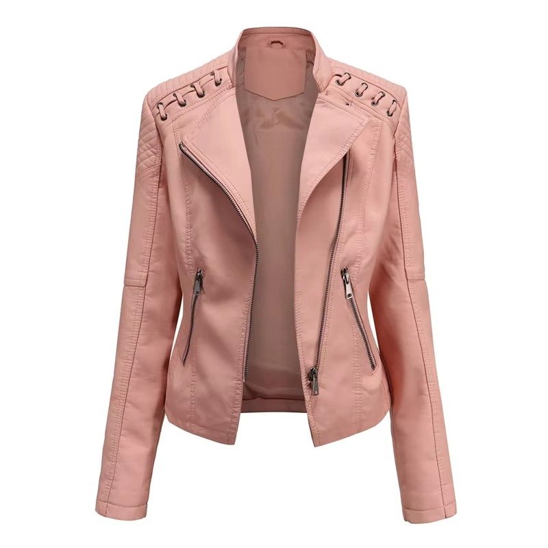Women's Cropped Faux Leather Moto Jacket - Pink