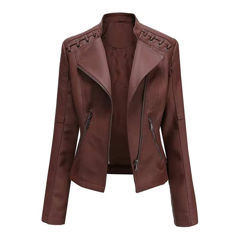 Women's Cropped Faux Leather Moto Jacket - Coffee