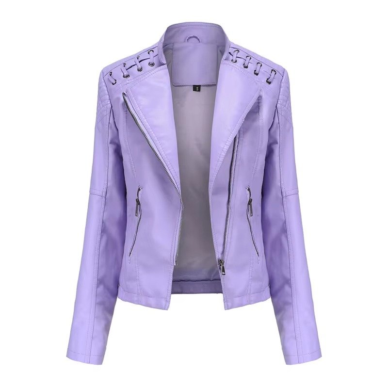 Women's Cropped Faux Leather Moto Jacket - Pale platycodon