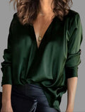 Women's Draped Satin V-Neck Blouse - Green