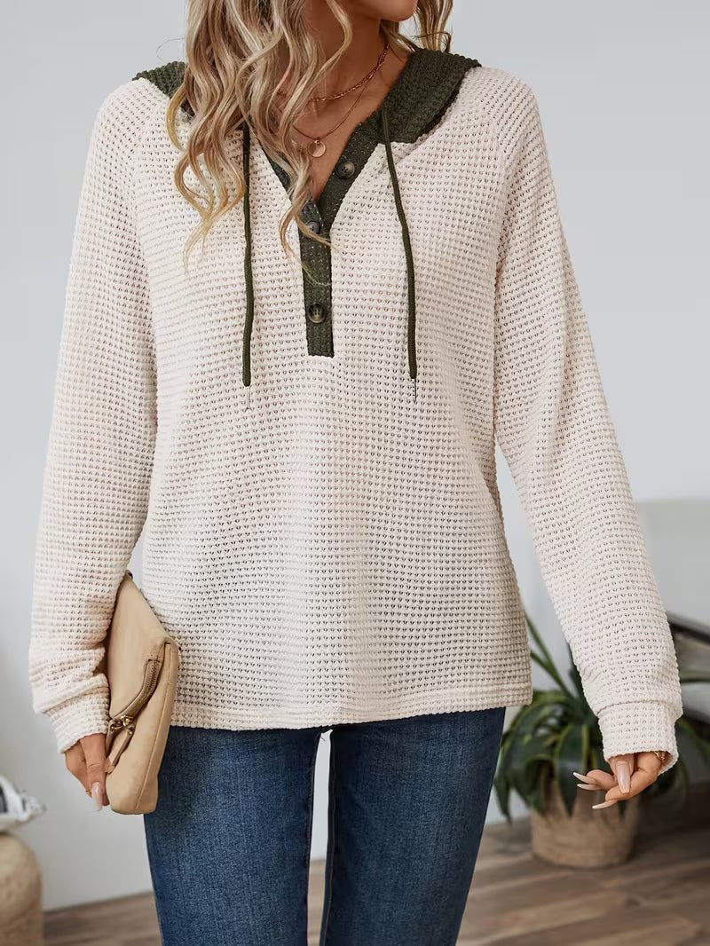 Women's Long Sleeve Waffle Knit Hooded Henley - Beige